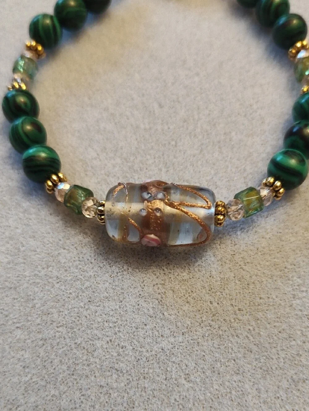 Malachite Glass Bead Bracelet with Gold Accents